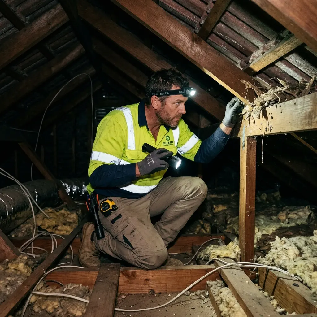 Technician using detection equipment to locate a dead rat inside a Mitchell Park wall cavity
